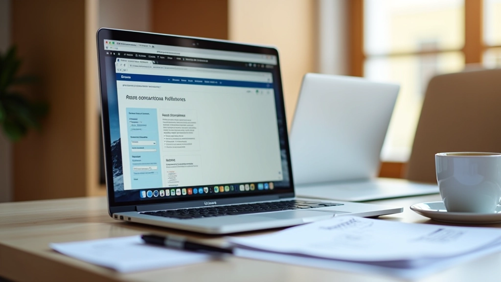 Computador portátil aberto no portal das finanças com documentos fiscais ao lado