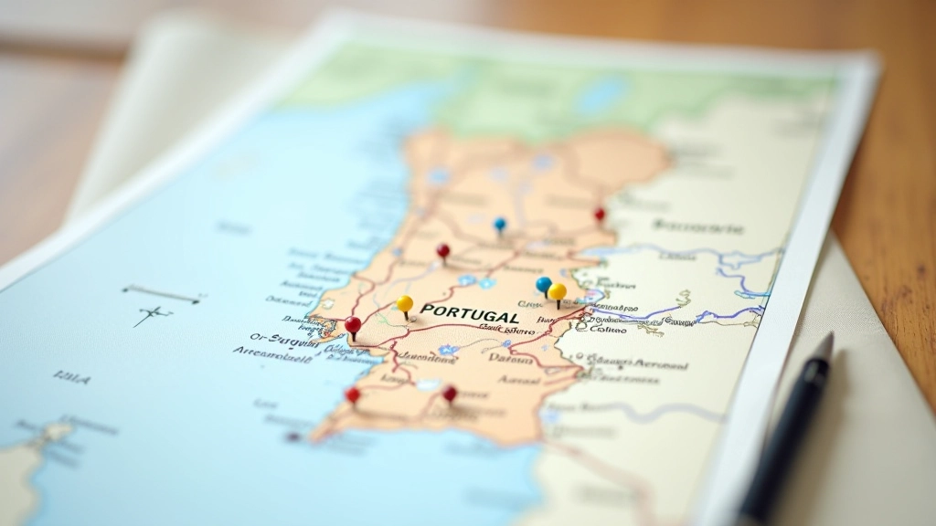 Mapa de Portugal com pins vermelhos em Lisboa e Algarve sobre uma mesa de madeira